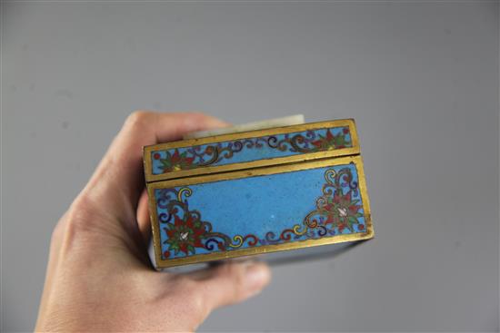 A 19th century Chinese rectangular cloisonne enamel box, mounted with a 17th/18th century white jade plaque, 10.3 x 9cm, height 6.5cm,